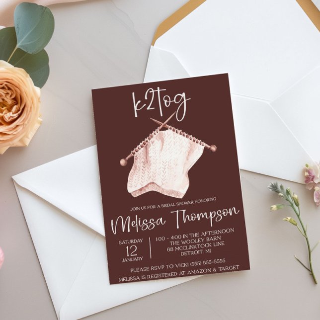 k2tog, Knitting, Brown & Ivory Bridal Shower Invitation (Creator Uploaded)