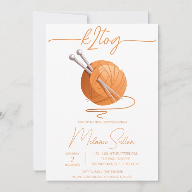 k2tog, Knitting, Orange Ball of Yarn Bridal Shower Invitation (Front)