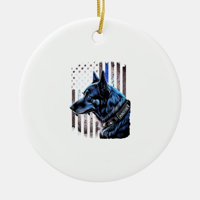 K9 German Shepherd Police Dog Thin Blue Line Flag Ceramic Ornament (Front)