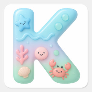 "K" Cute Letter - Underwater Sea Creatures  Square Sticker
