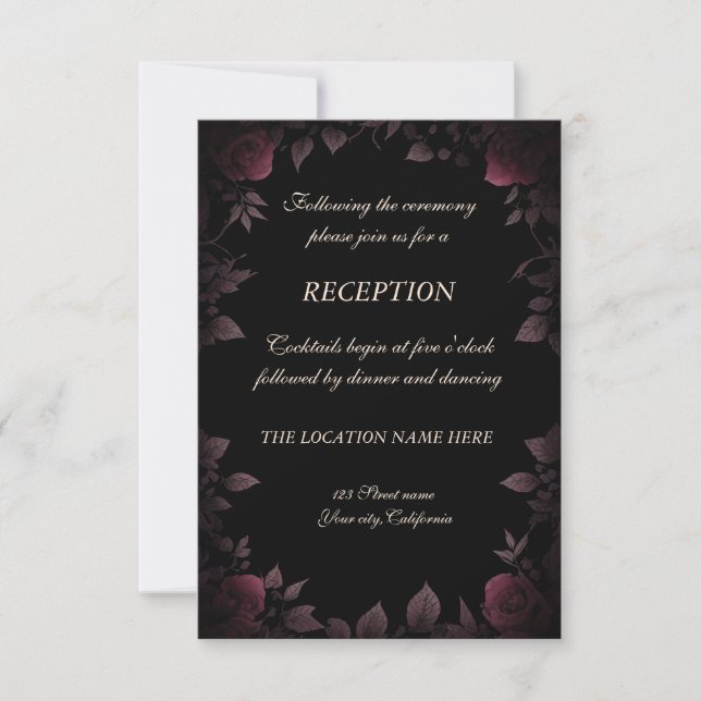 k Dark Burgundy Roses Black Wedding Reception Invitation (Front)