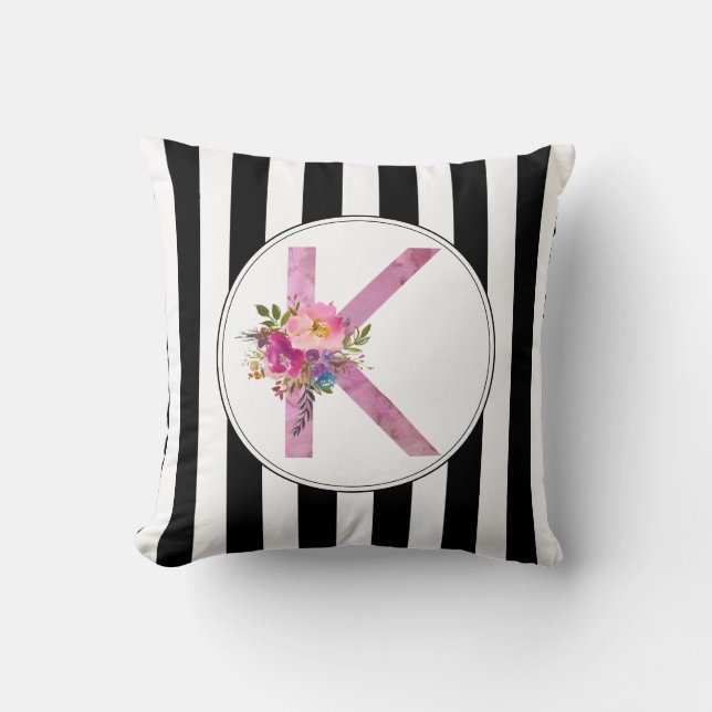 K, Floral Monogram initial , watercolor flower Cushion (Front)