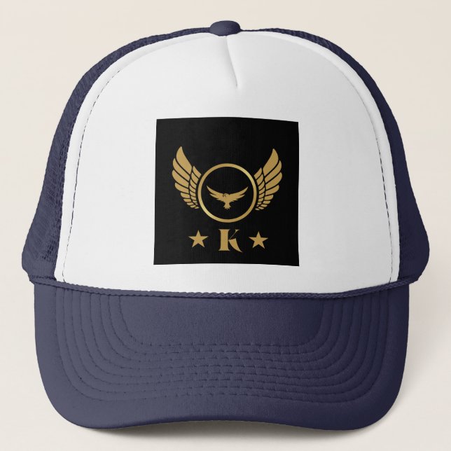 K Initial with Gold Eagle Image Stylish Monogram Trucker Hat (Front)