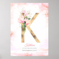 K Letter Monogram Gold Leaves Pink Magnolia Floral
