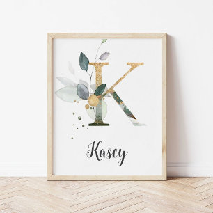K Letter Monogram Greenery Nursery Name Wall Print