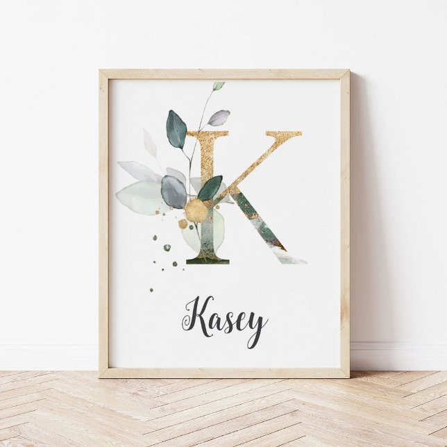 K Letter Monogram Greenery Nursery Name Wall Print (Creator Uploaded)