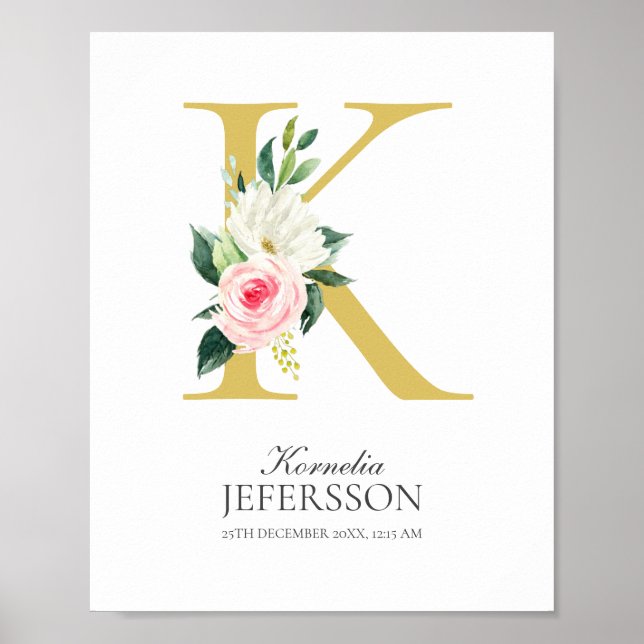 K Letter Monogram with Flowers Poster (Front)