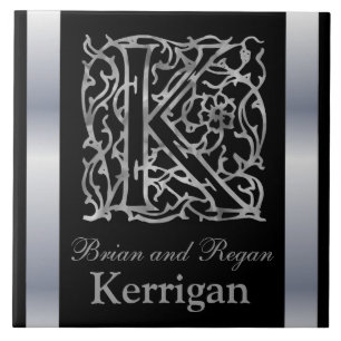 K Monogram and Name "Besque on Black" Ceramic Tile