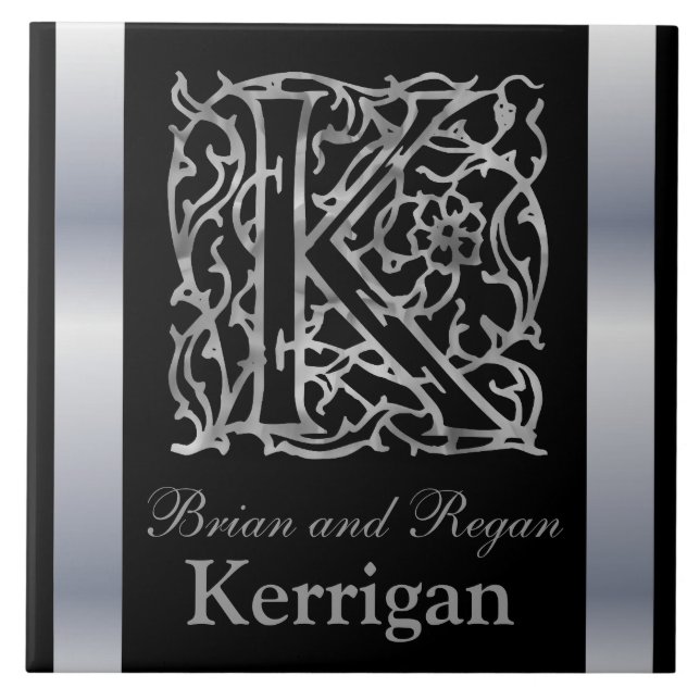 K Monogram and Name "Besque on Black" Ceramic Tile (Front)