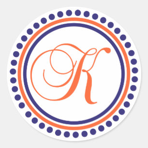 K Monogram (Blue / Orange Dot Circle) Classic Round Sticker