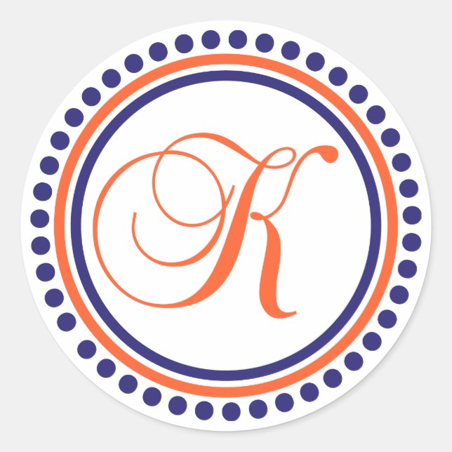 K Monogram (Blue / Orange Dot Circle) Classic Round Sticker (Front)