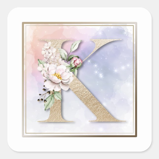 K Monogram Burgundy Floral Square Sticker (Front)