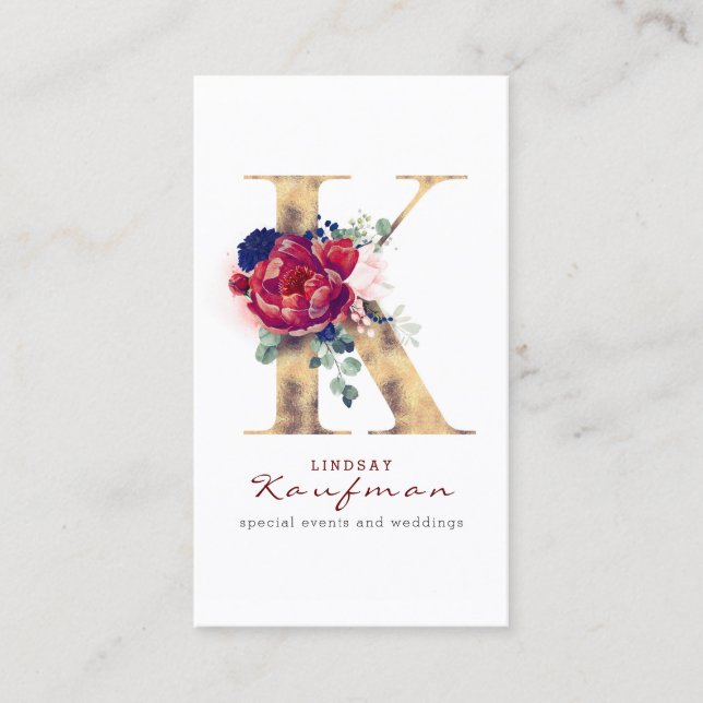 K Monogram Burgundy Gold and Navy Blue Floral Business Card (Front)