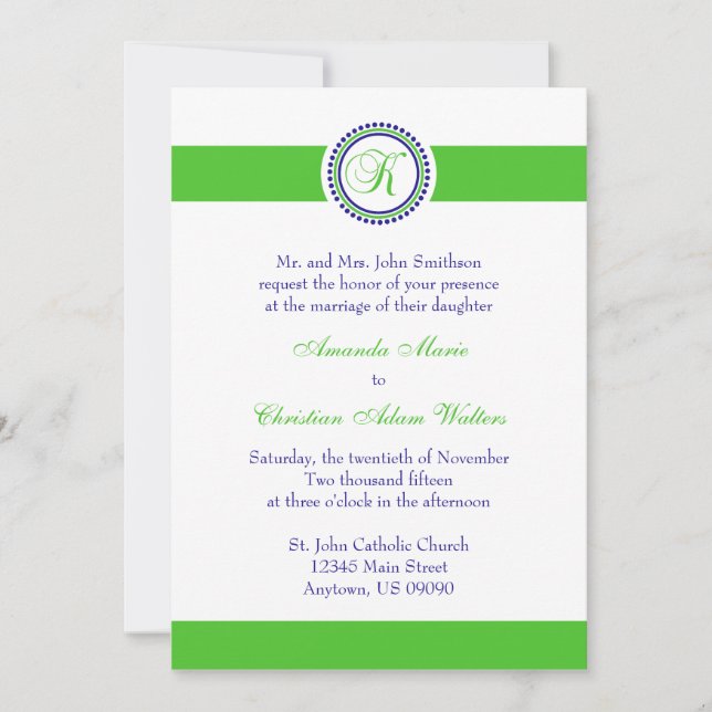 K Monogram Dot Circle Wedding Invitations (Lime) (Front)