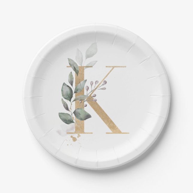 K Monogram Floral Paper Plate (Front)