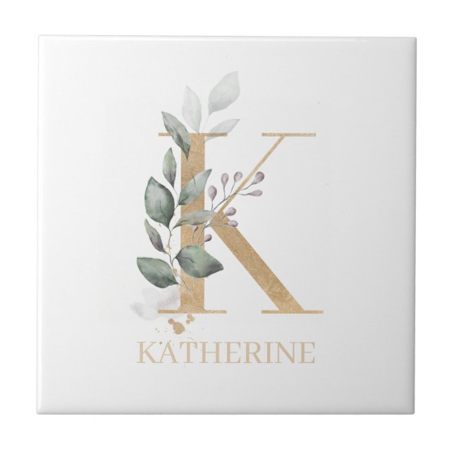 K Monogram Floral Personalised Ceramic Tile (Front)