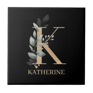 K Monogram Floral Personalised Ceramic Tile