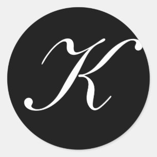 "K" Monogram Initial White on Black Classic Round Sticker