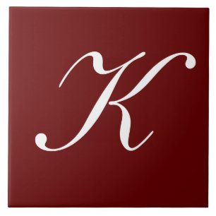 "K" Monogram Initial White on Maroon Ceramic Tile