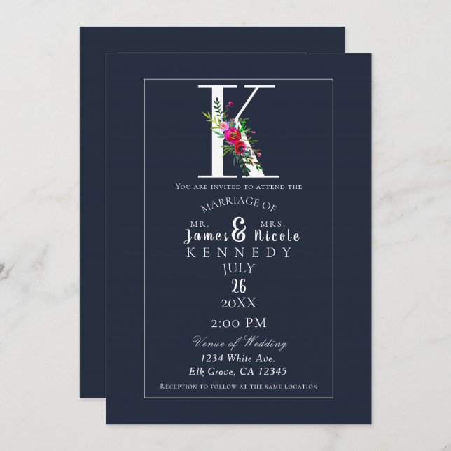 K Monogram Last Initial Modern Blue Floral Wedding Invitation (Front/Back)