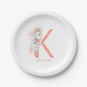 K Monogram Name Pampas Grass White Orchids Paper Plate