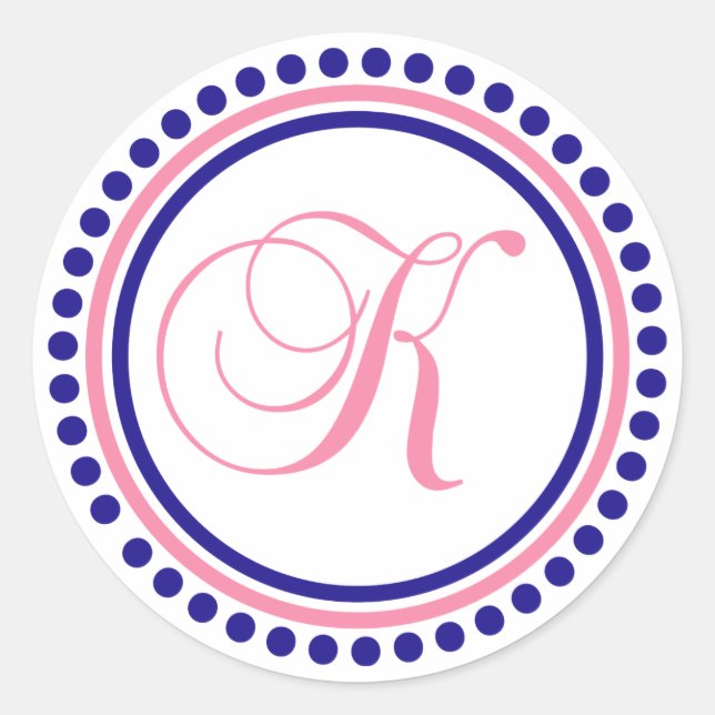 K Monogram (Navy Blue / Pink Dot Circle) Classic Round Sticker (Front)