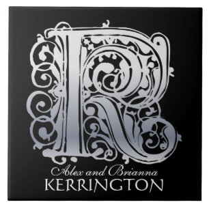 K Monogram "Silver Lace on Black" with Names Tile