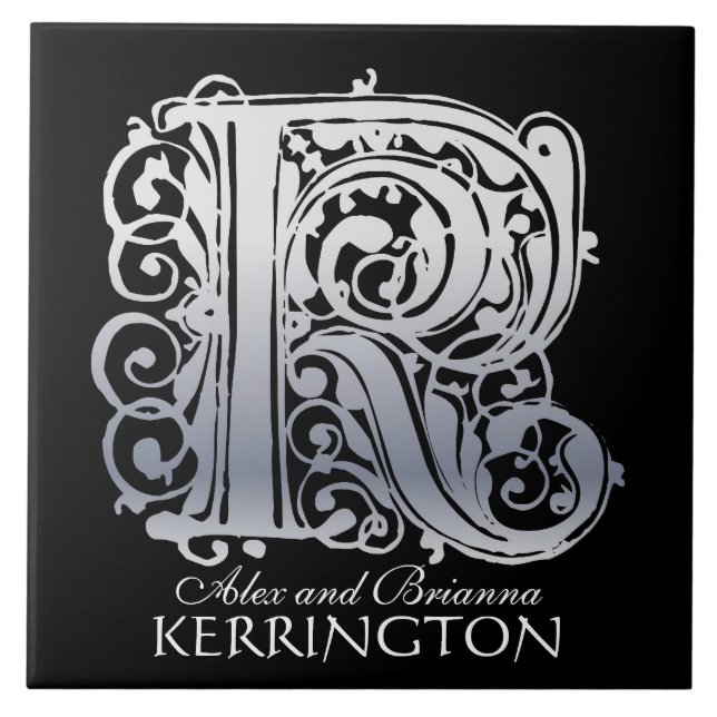 K Monogram "Silver Lace on Black" with Names Tile (Front)