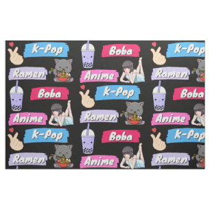K-Pop, Ramen, Boba and Anime Pop Culture Fan Fabric