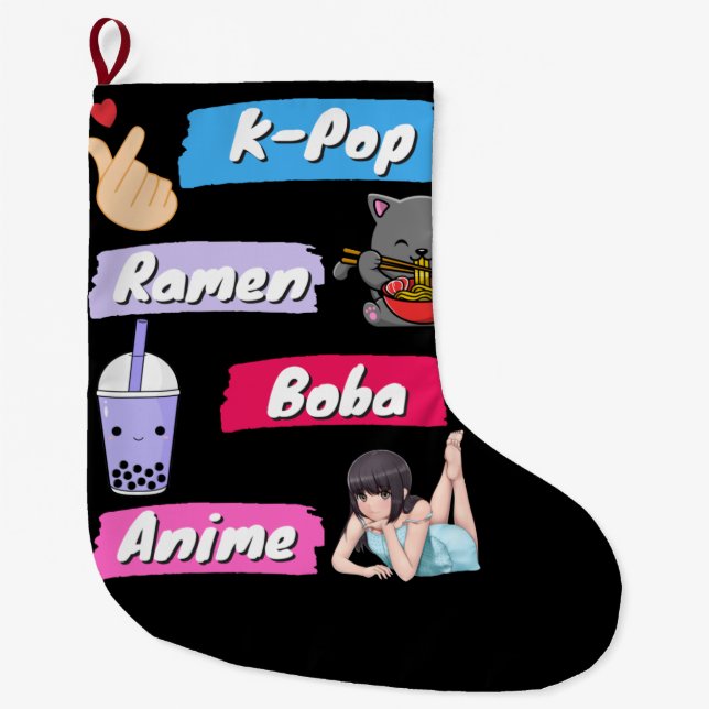 K-Pop, Ramen, Boba and Anime Pop Culture Fan  Large Christmas Stocking (Front)