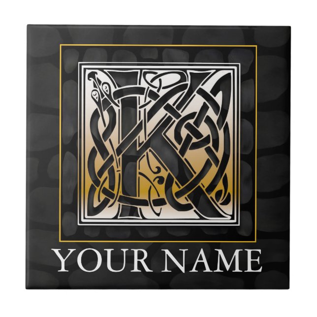 K "Your Name" Celtic Black Stone Monogram Tile (Front)