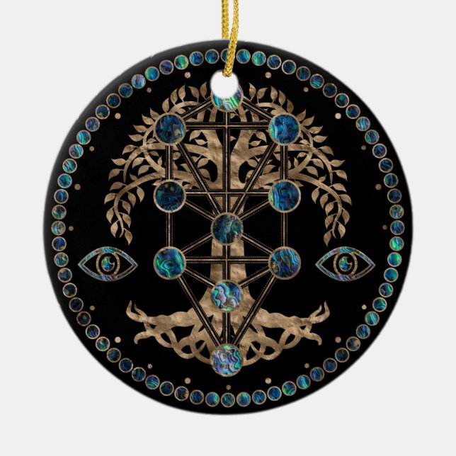 Kabbalah The Tree of Life Abalone and Gold Ceramic Ornament (Front)