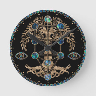 Kabbalah The Tree of Life Abalone and Gold Round Clock