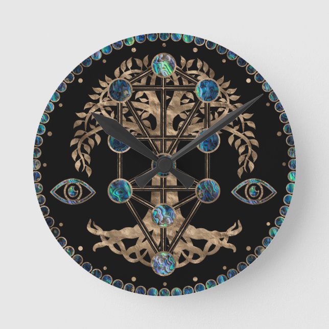 Kabbalah The Tree of Life Abalone and Gold Round Clock (Front)