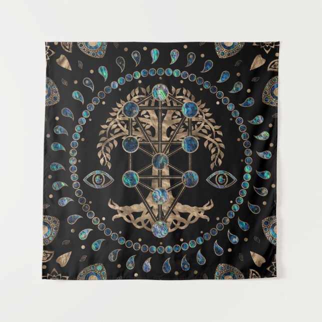 Kabbalah The Tree of Life Abalone and Gold Tapestry (Front)