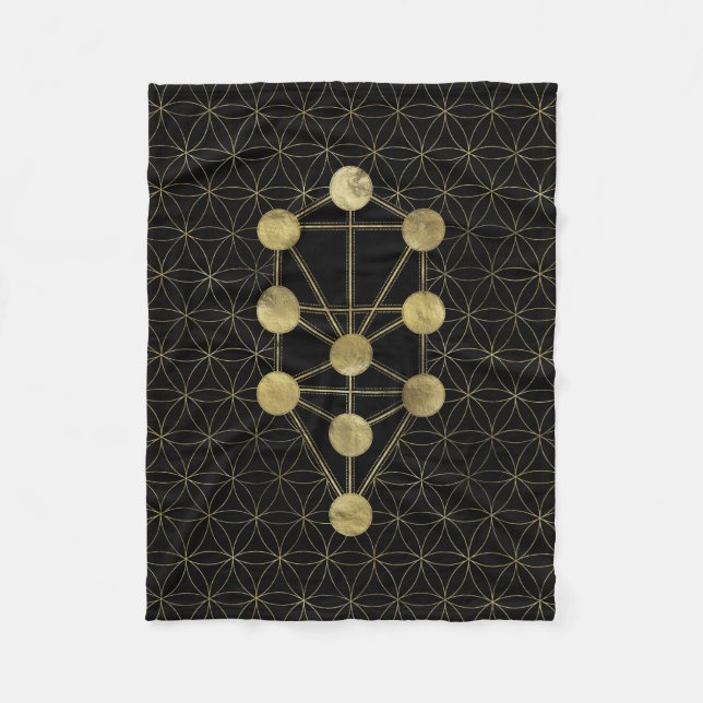 Kabbalah The Tree of Life Gold on Black Fleece Blanket (Front)