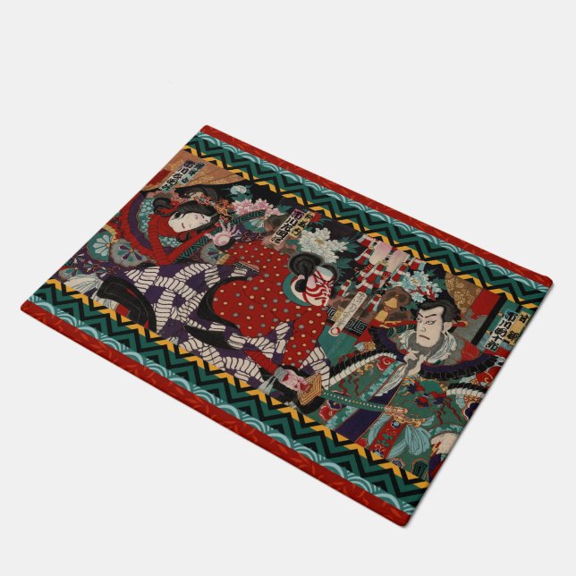 Kabuki Samurai Warriors Woodblock Doormat (Angled)