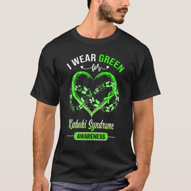 Kabuki Syndrome Awareness I Wear Green Butterfly H T-Shirt (Front)