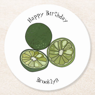 Kaffir lime cartoon illustration round paper coaster