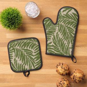 Kahanu Palms Hawaiian Faux Linen Texture Olive Oven Mitt & Pot Holder Set