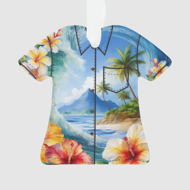 Kai Aloha Hibiscus Watercolor Wave Aloha Shirt Ornament (Front)
