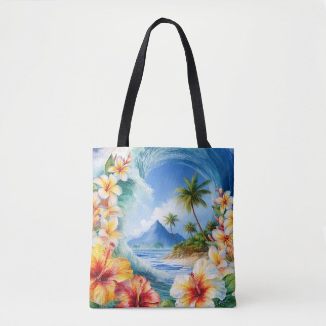 Kai Aloha Hibiscus Watercolor Wave Beach Bag (Front)
