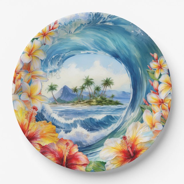Kai Aloha Hibiscus Watercolor Wave  Paper Plate (Front)