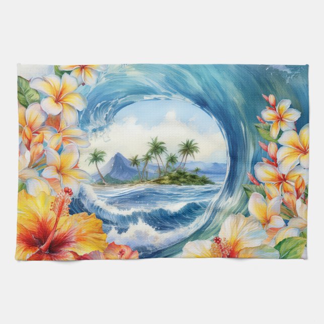 Kai Aloha Hibiscus Watercolor Wave Reversible Tea Towel (Horizontal)