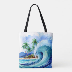 Kai Aloha Island Watercolor Wave Beach Bag