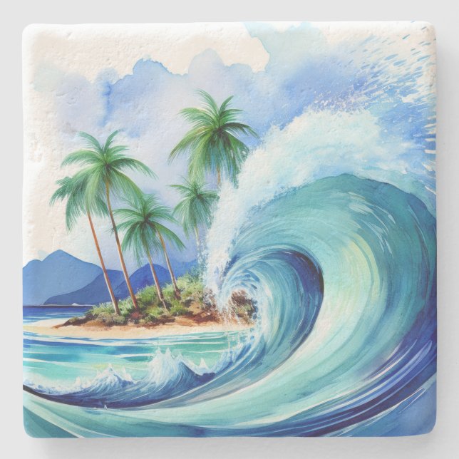 Kai Aloha Island Watercolor Wave Stone Coaster (Front)