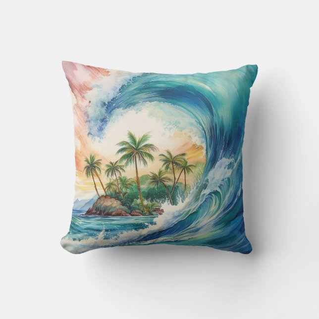 Kai Aloha Motu Watercolor Wave Cushion (Front)