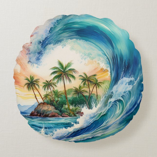 Kai Aloha Motu Watercolor Wave Round Cushion (Front)