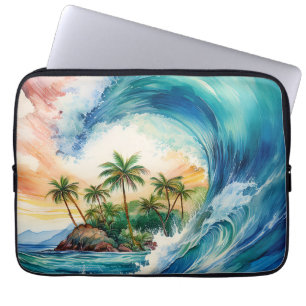 Kai Aloha Motu Watercolor Wave Wetsuit Laptop Sleeve