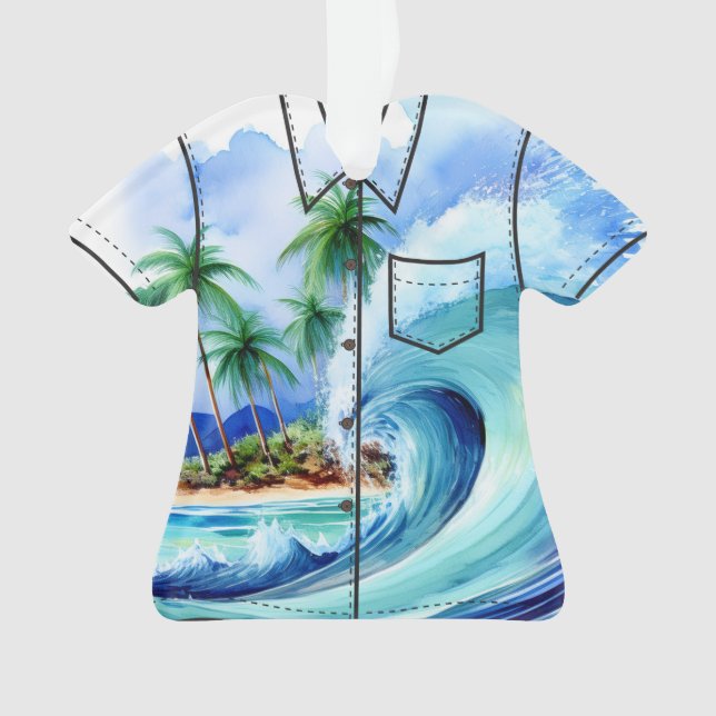 Kai Aloha Palms Watercolor Wave Aloha Shirt Ornament (Front)
